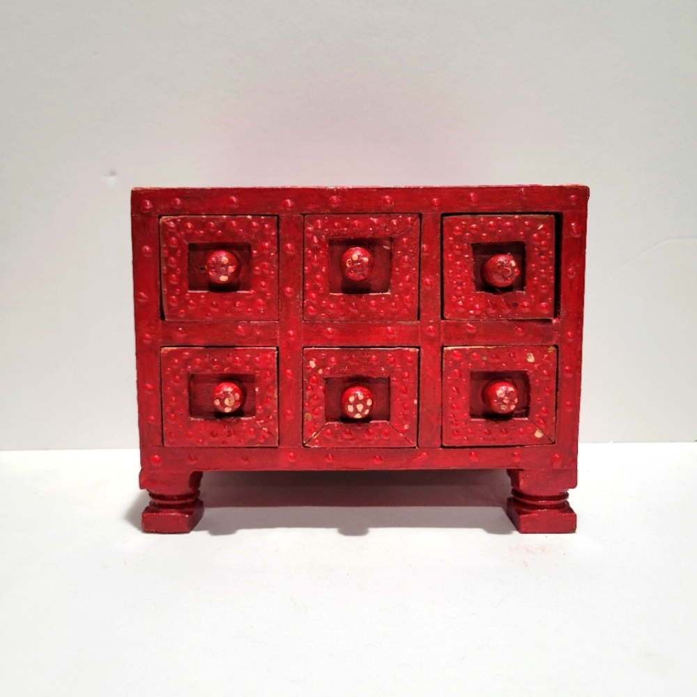 handcrafted red 6 drawer scroll work wooden storage chest box